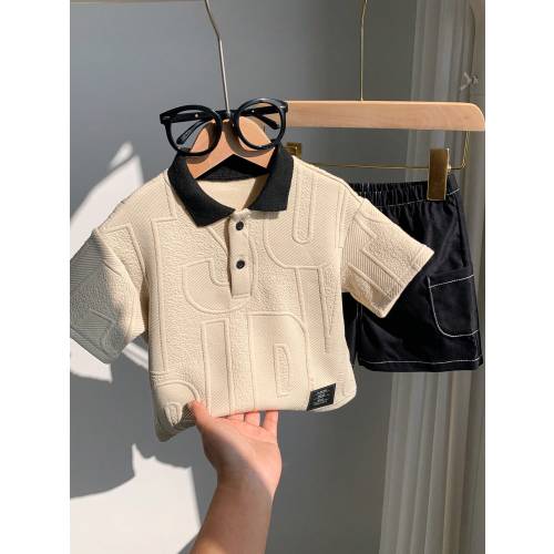 SHEIN 2pcs/Set Baby Boy Cute Summer Casual Knit Colorblock Letter Print Short Sleeve Polo Shirt And Elastic Waist Shorts Set