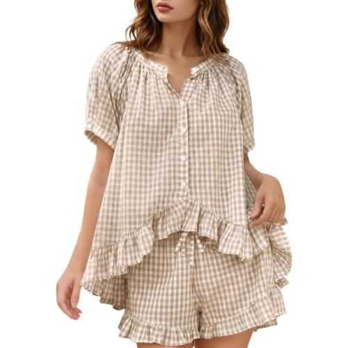 Yimoon Womens Gingham Pajamas Set Ruffle Plaid Cotton Pj Set