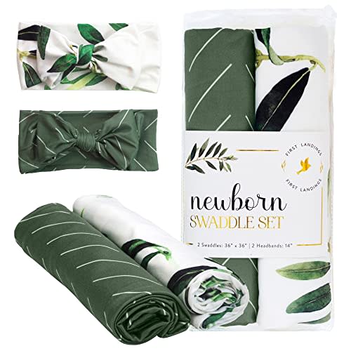 First Landings Newborn Swaddle Set - Baby Swaddles and Matching Headbands for Boys and Girls - Baby Blanket for Newborn Photography, Nursing Covers, Burp Cloths - Olive, 36" x 36" (Set of 2 Each)