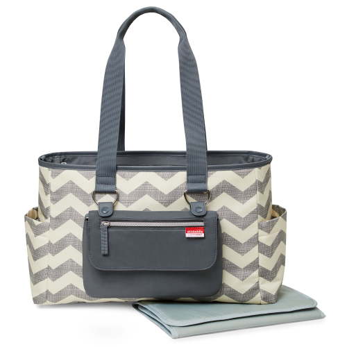 Skidaddle Adjustable Shoulder Strap Included Changing Pad Tote Diaper Bags, Chevron Grey and White