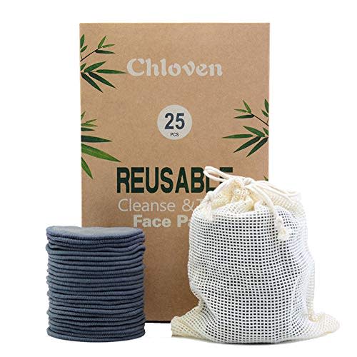 Chloven 25 Pack Charcoal Bamboo Reusable Makeup Remover Pads - Bamboo Reusable Cotton Rounds for Toner, Washable Eco-Friendly Pads for All Skin Types with Cotton Bag for Storage
