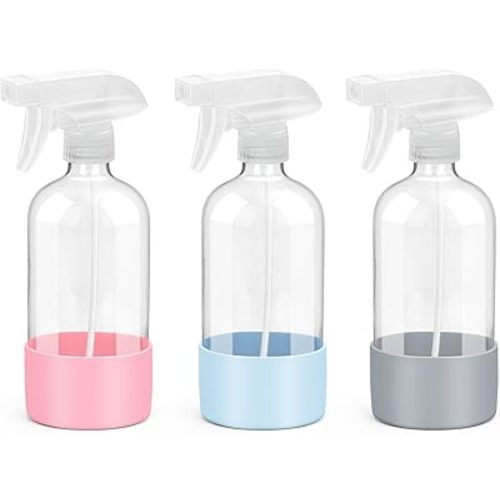 Glass Spray Bottles with Silicone Sleeve Protection, Empty 16 oz Refillable Containers, Reusable Spray Bottles with Adjustable Nozzle for Hair, Cleaning Solutions, 3 Pack Grey&Blue&Pink
