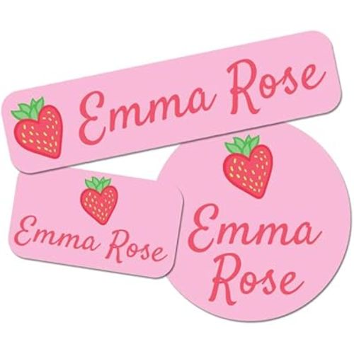 School Supplies Personalized Name Labels, Washable Custom Name Tag Stickers for Girls, Premium Waterproof Sticker for Summer Camps, Clothing, Lunch Boxes, & More - 128 Ct & 256 Ct (Strawberry Design)