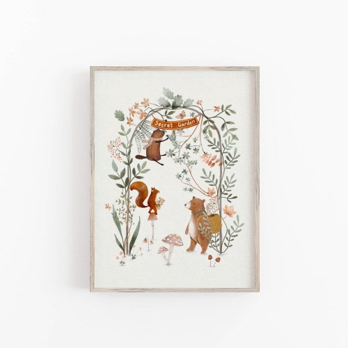 Secret Garden Whimsical Art Print, Cute Woodland Animals Illustration, Flowers & Plants Art Print For Children