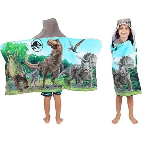 Jurassic World Kids Super Soft Bath/Pool/Beach Soft Cotton Terry Hooded Towel Wrap, 24 in x 50 in, (Officially Licensed Product) By Franco
