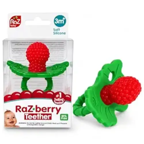 RaZbaby RaZberry Silicone Baby Teether Toy - Berrybumps Soothe Babies Sore Gums - Infant Teething Toy - Hands Free Design - BPA Free - Easy-to-Hold Design - Teething Relief Pacifier - Fruit Shape/Red