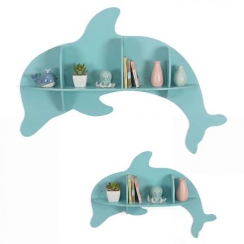 Costway 2 PCS Floating Dolphin Shelves with Compartments Cute Corner Bookshelves for Nursery Blue