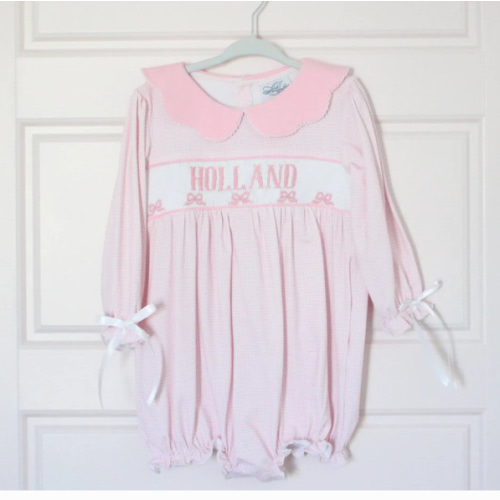 PINK GINGHAM BOWS NAME SMOCKED BUBBLE – Little Bear Smocks