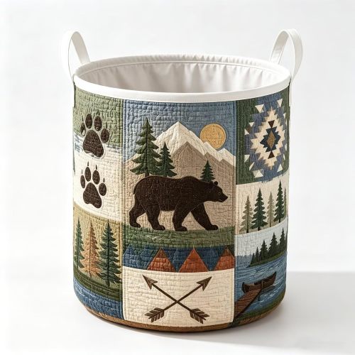 Patchwork Quilted Laundry Basket Rustic Mountain Bear Storage Basket