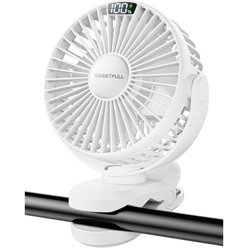 SWEETFULL Portable Clip on Fan - Battery Operated Rechargeable Fan with LED Display, 4 Speeds, Mini Personal Cooling Desk Fan for Golf Cart Travel Camping Gym - White