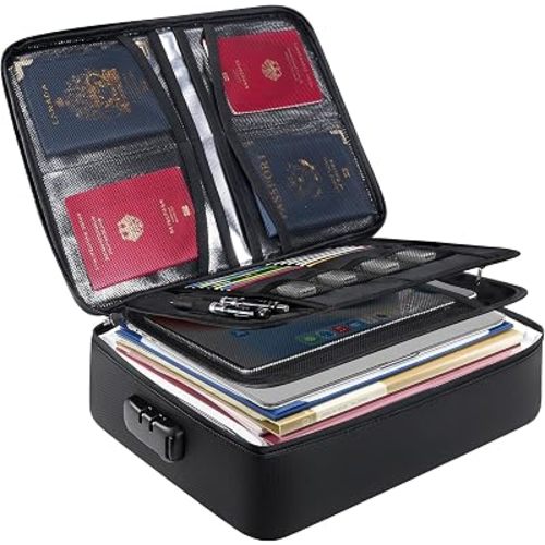 BALEINE Fireproof Document Box with Lock, Portable Fireproof Document Bag Waterproof Fire Proof File Boxes for Documents, File Organizer Box for Important Paperwork (Black, 15''x11''x4'')