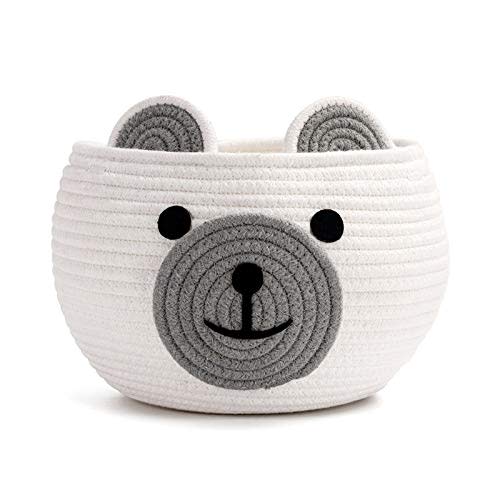 CherryNow Cotton Rope Baby Basket for Nursery, Bear Gift Baskets for Kids, Empty Baby Shower Basket with Handles, Small Cute Animal Baskets, White, 10.5"D x 8.5"H