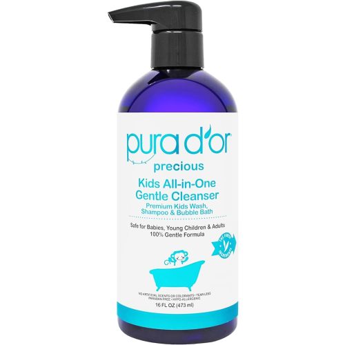PURA D'OR 16 Oz Kids Wash - All-in-One Gentle Cleanser - USDA Biobased, Sulfate-Free, Tear-Less, Hypoallergenic, Premium, Shampoo & Bubble Bath