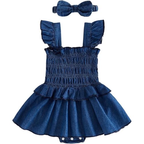 Kavousa Baby Girls Denim Romper Dress Long/Flutter Sleeve One Piece Jumpsuits Spring Summer Clothes