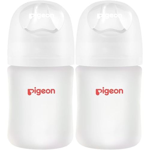 Pigeon Silicone Coating (Glass Inside/Silicone Outside) Baby Bottle, Wide Neck, Streamlined Body, Natural Feel, Easy to Clean, Heat-Resistant, 5 Oz (Pack of 2), Includes 2 pcs SS Nipples (0m+)