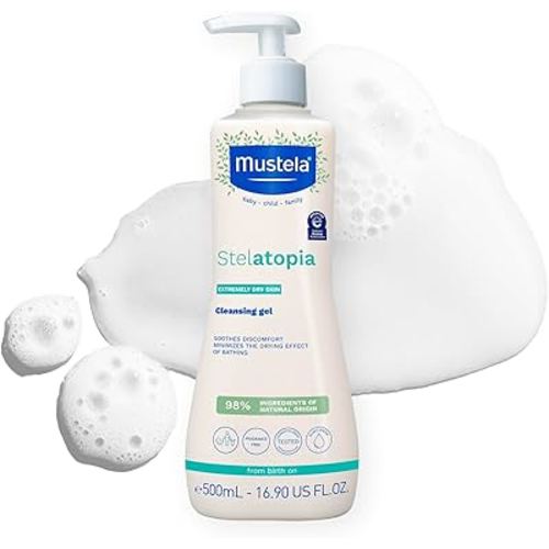 Mustela Stelatopia Eczema-Prone Skin Cleansing Gel - Baby Face & Body Wash with Natural Avocado & Sunflower Oil - Fragrance-Free & Tear Free