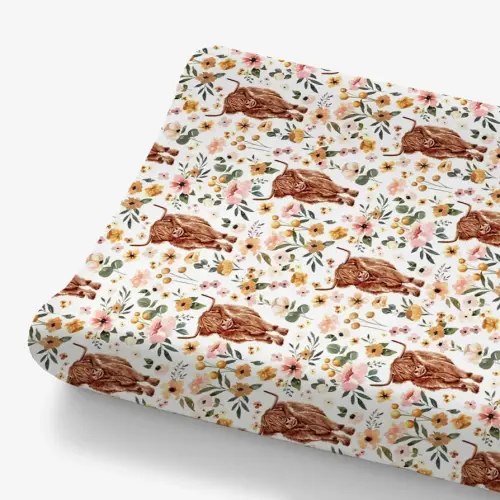 HawSkgFub Highland Cow Boho Floral Changing Pad Cover for Baby Girls, Western Farm Animal Retro Flower Diaper Change Table Covers, Soft Stretchy Safe Snug Fitted Changing Mat Sheet Fit 32"/34" x 16"