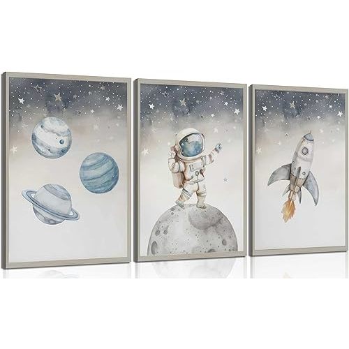 LQUXCSIQ 3Pcs Nursery Astronaut Wall Art Kid Space Adventure Canvas Prints Rocket Spaceman Pictures Wall Decor Explore Dream Galaxy Posters Painting for Boys child Bedroom Living Unframed