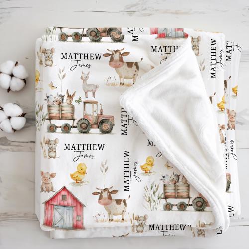 Personalized Farm Animal Baby Name Custom Blanket Gift Idea For Baby Boy Newborn Baby Farm Animal Blanket with Name Hospital Blanket
