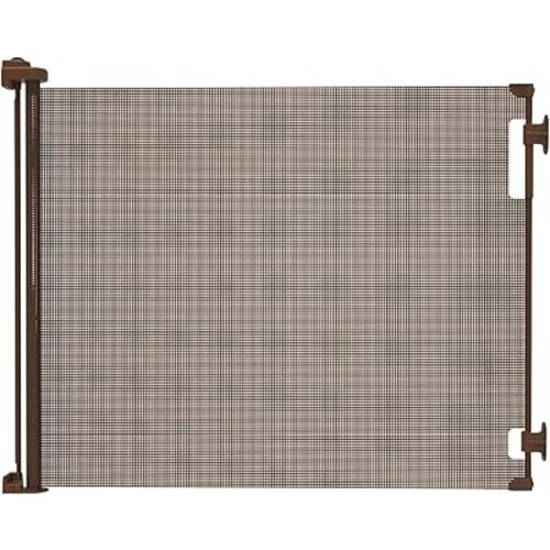 Retractable Baby Gate Perma Child Safety 33" Tall x 71” Wide, Mesh, for Stairs, Doorways, Dogs, Pets, Indoor, Outdoor, One-Handed Operation, Locking, Easy Install, Hardware Mount, Brown