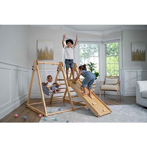 Avenlur Juniper Montessori Toddler Playset Indoor Playground Folding Gym, Interchangeable Cloth Swing 4 in 1 Multifunctional Foldable, Ladder Climber, Slide, Rock Climbing for Kids Ages 1yr - 5yrs