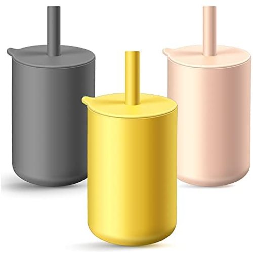 3 Pieces Mini Baby Silicone Cup Training, Anti Scattering and Anti Scalding with Cover, Straw, Suitable for infants