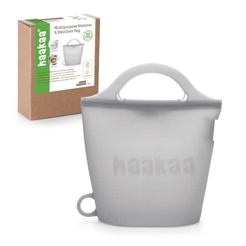 Haakaa Silicone Travel Microwave Steamer & Steriliser Bag, 30oz/900ml Reusable Silicone Steaming Bags for Baby Small Items, Pacifiers, Teethers or Baby Cups, Great for Home and On-The-Go, Grey/1PC