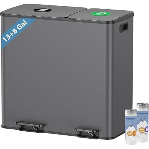 Dual Trash and Recycling Bins for Kitchen, 13+8 Gal Dual Trash Can, Gray