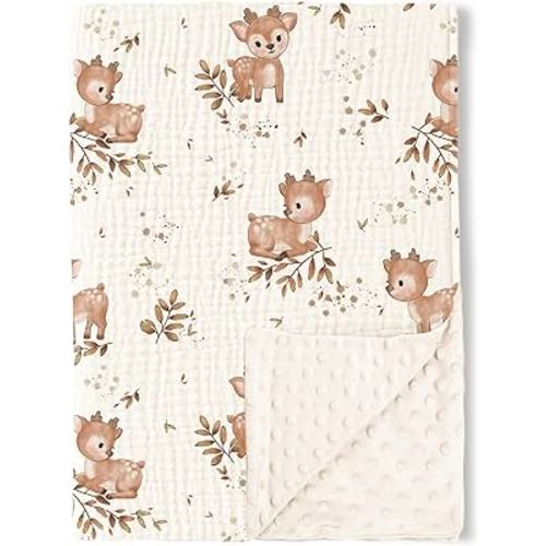 Konssy Baby Blankets for Unisex Boys Girls, Super Soft Nursery Minky Blankets with Muslin Cotton Front and Dotted Fleece Backing, Printed Bed Throws Newborn(Deer)