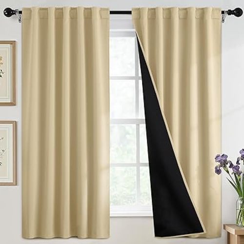 SimpleHome 100% Blackout Curtains for Bedroom,63 Inch Curtains for Living Room Rod Pocket and Back Tab Window Drapes Room Darkening Beige Curtain with Black Back,52 x 63 Inch,2 Panels