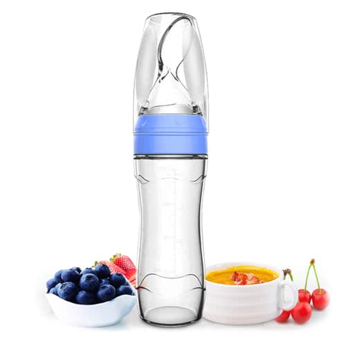 Matyz Silicone Baby Food Dispensing Spoon (Blue, 4oz / 120ml) Squeeze Feeder with Spoon - Spoon Bottle for Baby - Baby Spoon Feeder Bottle Baby Solid Food Feeder - Ideal for 4 Months+ Babies