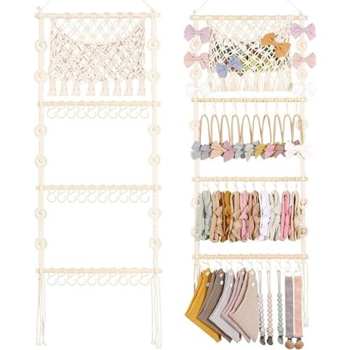 POVETIRE Headband Holder Hair Bow Organizer for Girls,Macrame Bow Holder Hair Accessories Organizer Storage Large Capacity Wall Hanging for Toddler Girl Nursery Room Decor