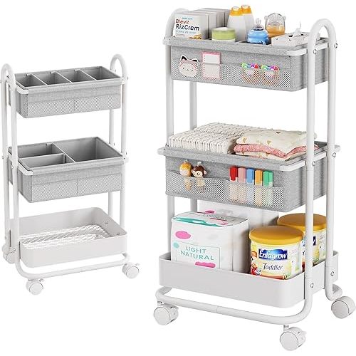 Modanais Baby Diaper Caddy Organizer Cart - 3 Tier Rolling Storage Cart with Wheels, Baby Essentials for Nursery Storage, Detachable Dividers - for Crib, Bedroom, Art & Craft Organizer (Light Gray)