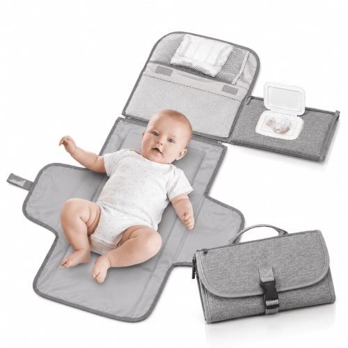 Portable Diaper Changing Pad,Waterproof Travel Baby Changing Kit with Wipes Pocket,Foldable,Gray
