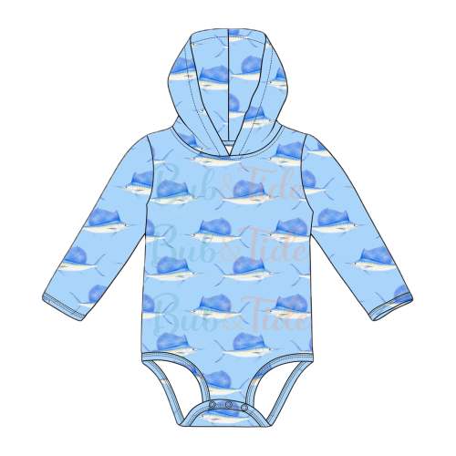 *PREORDER* Sailfish Splash - Sun Protective Hooded SunTide™ Bodysuit – Bub & Tide