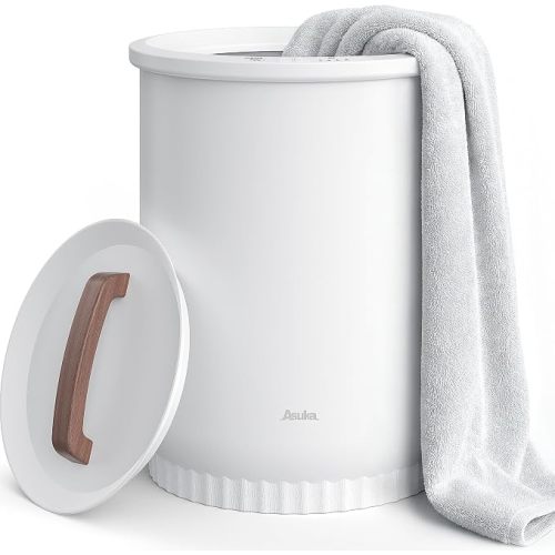 Asuka Towel Warmer, Large Towel Warmer for Bathroom with Wood Handle, 4 Delay Settings&Auto Shut Off, Towel Warmer Bucket Fits Two 40"X70" Oversized Towels, Bathrobes, Blankets, PJ's and More, White