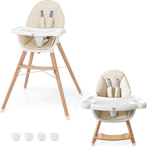 BABY JOY Baby High Chair, Wooden High Chair for Babies & Toddlers with Dishwasher Safe Double Removable Tray, Infant Feeding Chair with 5-Point Safety Harness & Detachable PU Seat Cushion (Beige)