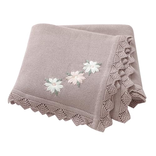 LAWKUL Baby Blanket 100% Traceable Cotton Knit Receiving Blankets Crib Blanket for Newbron Boy Girls 40"x30" White Floral