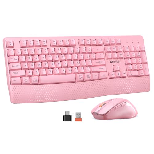 MEETION Wireless Keyboard and Mouse, Full-Sized Cordless Keyboard with Wrist Rest, 3 DPI Adjustable Mouse, Keyboard and Mouse Set with 2.4GHz USB Receiver, for PC/Computer/Laptop/Windows/Mac, Pink