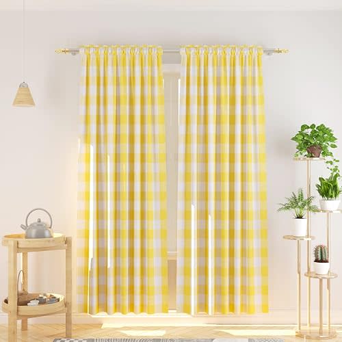 NATUS WEAVER Buffalo Check Cotton 84 inch Yellow Curtain Panels