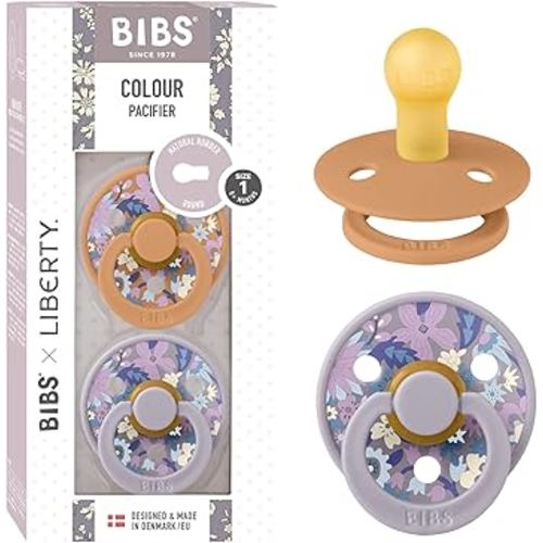 BIBS Colour Liberty Soother 2-Pack, BPA Free Dummy Pacifier, Round Nipple. Natural Rubber Latex, Made in Denmark, Size 1 (0-6 Months), June Blossom Pumpkin Mix