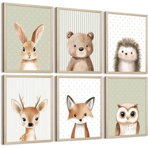 Woodland Animal Nursery Wall Art Decor Baby Kids Canvas Poster Safari Animal Wall Decor Jungle Forest Prints Bear Fox Deer Pictures Sage Green Painting Neutral Artwork for Bedroom 8x10x6 Inch Framed