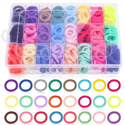 200 Pcs Baby Hair Ties with Organizer Box, Cotton Seamless, 24 Colors | Soft cotton seamless bands, gentle stretch, sorted storage box, for baby and toddler ponytails, braids, daily styling