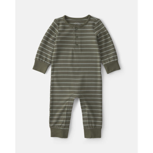Baby Boy Striped PurelySoft™ Long-Sleeve Jumpsuit - Olive Green