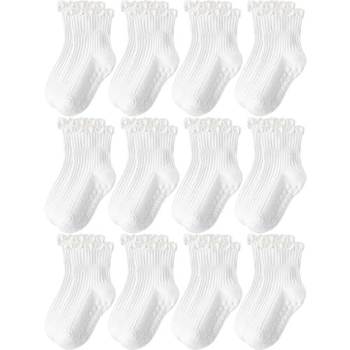 Aroveea Baby Toddler Girls Socks Grip Ruffle Non Slip Girls Cotton 12 Pack Socks for Kids Cute Ankle 6M-7Years