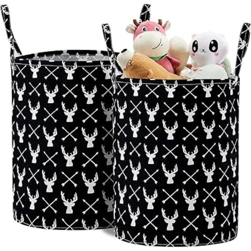 TECHMILLY Large Storage Basket for Girls and Boys, Collapsible Laundry Hamper with Long Handles, Toy Bins for Nursery, Kids Room Décor (Black Deer, 2 Pack)