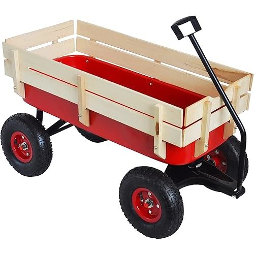 Heavy Duty Steel Wooden Side Support Cargo Wagon with 10” All-Terrain Air Tires, Up to 176lb Haul Capacity, Effortless Foldable Handle Cart for Towing Kids Toys, Gardening Supplies (Red)