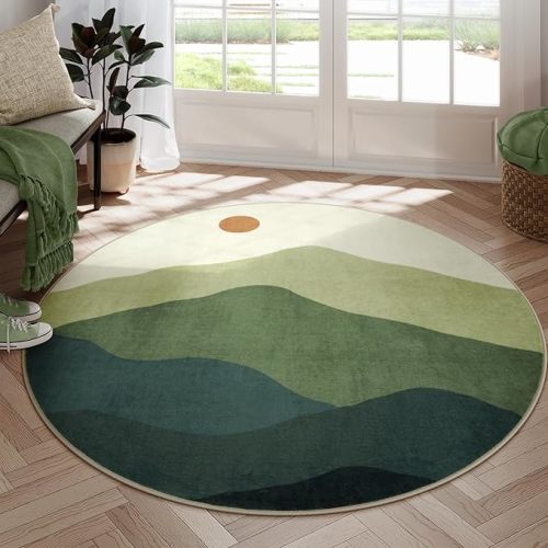 6ft Round Rugs for Living Room,Soft Washable Non-Slip Large Circle Rug,Chic Mountain Low-Pile Circular Bedroom Rug Indoor Round Carpets for Kidsroom/Nursery/Office(Green)