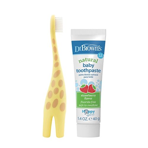 Dr. Brown's Infant-to-Toddler Training Toothbrush Set with Strawberry Fluoride-Free Toothpaste 1.4 oz, Soft for Baby's First Teeth, Giraffe, BPA Free, 0-3 Years - Giraffe, Toothpaste Set