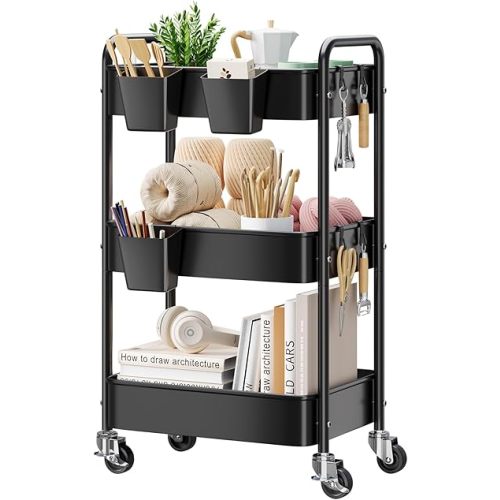 3 Tier Rolling Cart on Wheels, Metal Utility Storage Cart with Wheels, Three Tiered Craft Carts Organizer with Hanging Cups, Hooks, Mesh Basket for Bedside, Kitchen, Bathroom, Office, Art, Snack,Black